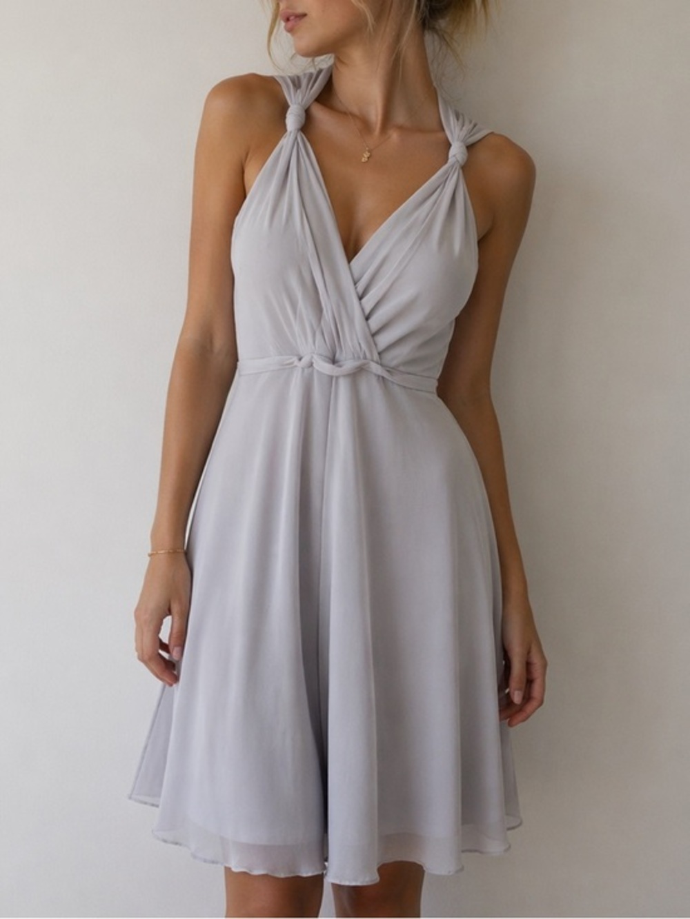 Mori Lee by Madeline Gardner Light Gray Chiffon Mini Dress US 8‎ Bridesmaid